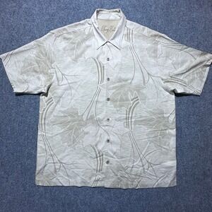 Tommy‎ Bahama Mens XL Silk Hawaiian Aloha Shirt Palm Leaf Print Button Up Beige
